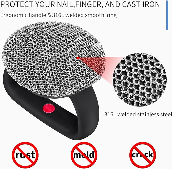 Cast Iron Cleaner Scrubber with Heavy Duty Handle, 3mm Welded Chain Mail Scrubber for Pan Pot Grill Cleaning - Small Ring Chainmail Scrubber Metal Scrub Sponge Skillet, Oven, Griddle, Wok Brush