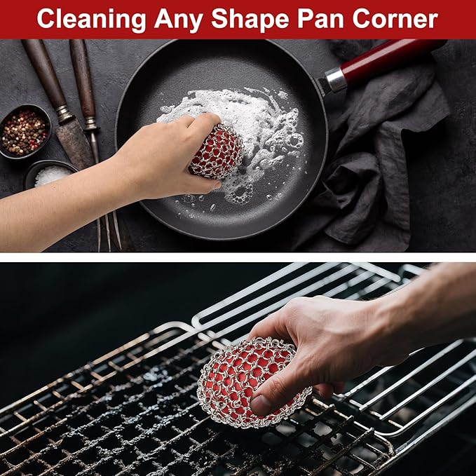 Cast Iron Scrubber Cleaner, Rugby Shape Scrubber Chain Mail with Silicone Core, Cast Iron Skillet Cleaner Cleaning Care Kit Perfect for Cast Iron Cookware,Skillet,Woks - Red