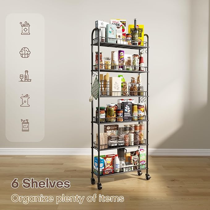 Slim Rolling Storage Cart with Wheels, Metal 6 Tier Mobile Shelving Unit Organizer Kitchen Utility Cart for Office Bathroom Kitchen Laundry Room Narrow Places (6inches)