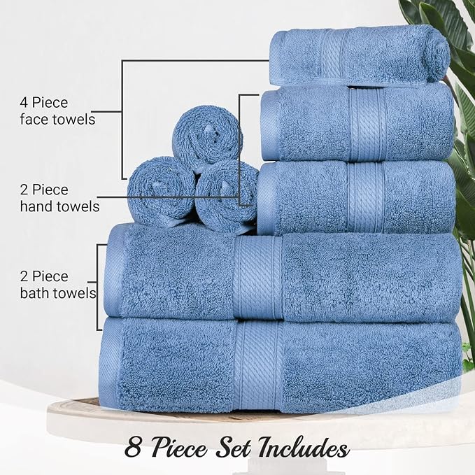 SUPERIOR Egyptian Cotton Ultra Plush & Absorbent, 8 Piece Set, Denim Blue | - Image 9