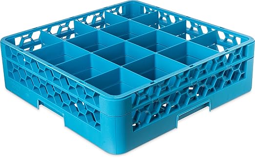 Carlisle FoodService Products Opticlean Glass Rack 16 Compartments with 1 Extender for Kitchens and Restaurants, Plastic, 19.875 x 19.875 x 5.5 Inches, Carlisle Blue