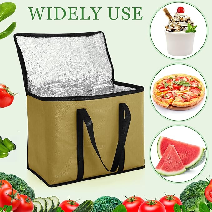 Kenning 15 Pcs Large Insulated Reusable Grocery Bags with Sturdy Zipper and Handles Foldable Washable Cooler Totes Heavy Duty Hot or Cold Food Delivery Bag for Food Transport Travel Lunch (Khaki)