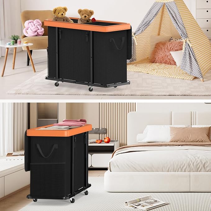 Laundry Basket with Wheels, 300L Leather Patchwork Laundry Sorter 4 Section - Image 6