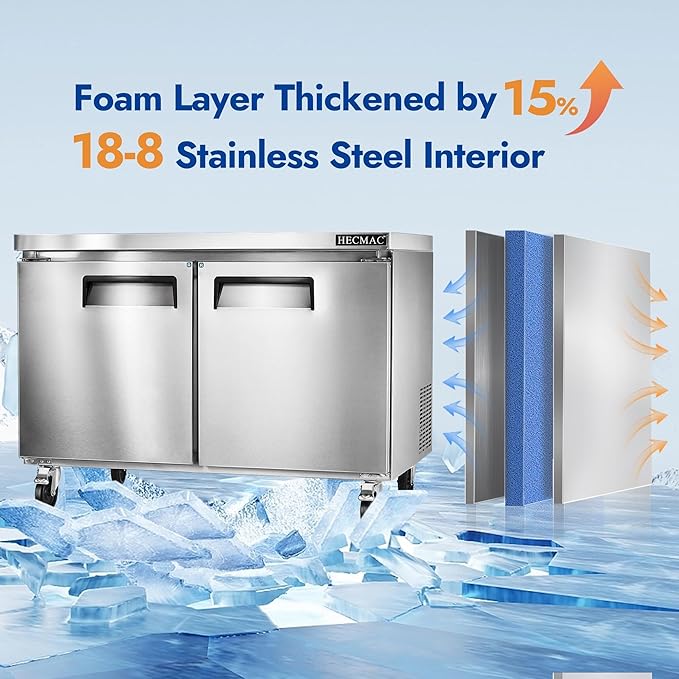 HECMAC 48" Commercial Refrigerator, 12.96 Cu.ft Worktop Undercounter Fridge with 2 Solid Door, 33~40℉, 18-8 Stainless Steel Interior, ETL&NSF/ANSI 7 for Restaurant, Bar, Shop, Kitchen Use