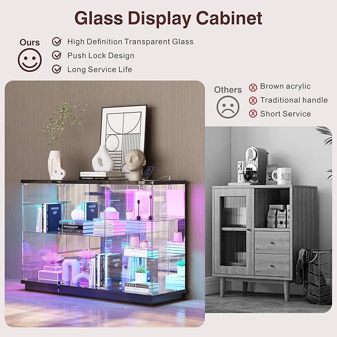 Lvifur RGB Glass Display Cabinet - with Lock, High Gloss Sideboard with Human Body Sensor & Glass Shelves for Toys, Books, Collectibles, Liquor, Bookcase for Living Room, Kitchen, Study, Black