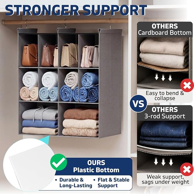 3 Tier Hanging Closet Organizer, 10 Compartments Dual Row Storage, 3 Sturdy - Image 4
