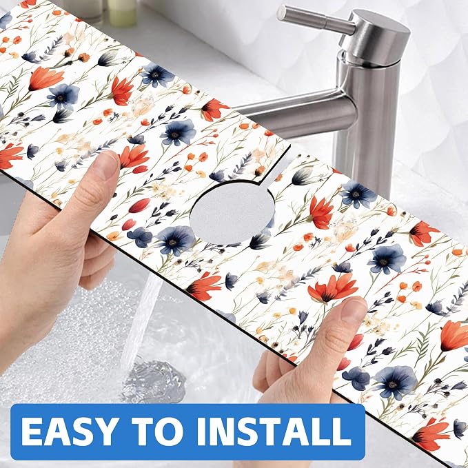 Watercolor Red and Blue Flowers Sink Faucet Absorbing Mat Sink Splash Guard - Image 6