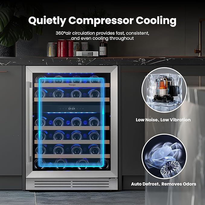 Yeego Wine Fridge Cooler - 24 Inch Dual Zone Wine Fridge Hold 52 Bottles, 40-65°F Wine Refrigerator Glass Door, Built in Fridge, Freestanding Adjustable Shelves Fridge for Beer Soda Drink Home Bar