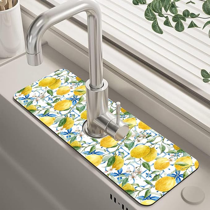 Yellow Lemons and Blue Tiles Sink Faucet Absorbing Mat Splash Guard Behind by Unknown