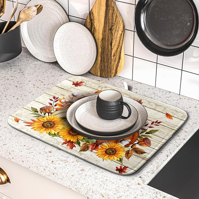 Hello Fall Dish Drying Mat Autumn Pumpkin Dish Drainer Rack Mats 16"x18" Fast - Image 5