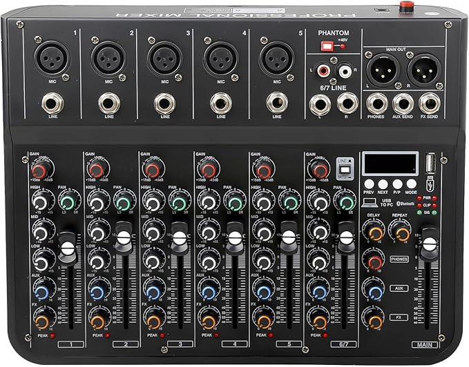 7 Channel mixer, DJ Mixer Board, Audio Sound Card with Interface Recording and 48V Phantom Power, Sounds Mixer Board with FX Reverb Delay Effect for Streaming