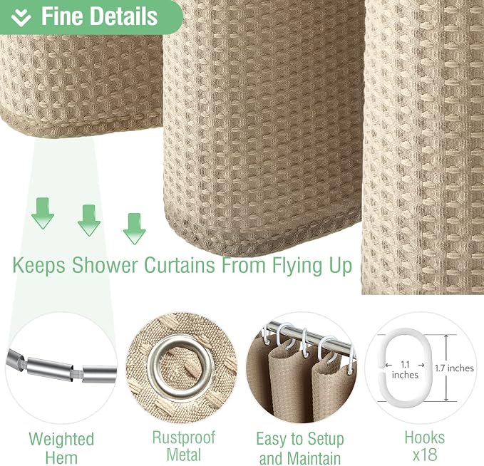 Dynamene Extra Wide Waffle Shower Curtain 256 GSM Fabric 108x72 Beige/Khaki - Image 5