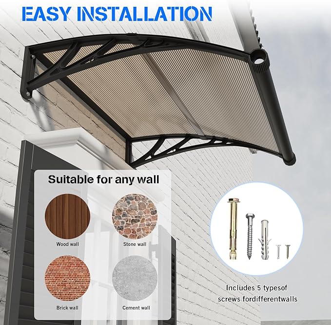 Awning for Door Entrance with Drainage Sink,40x48 Inch Awnings for Doors,Window Canopy Exterior with Plastic Steel Bracket,Polycarbonate Cover,UV,Rain,Snow Protection for House,Porch,Patio,Deck