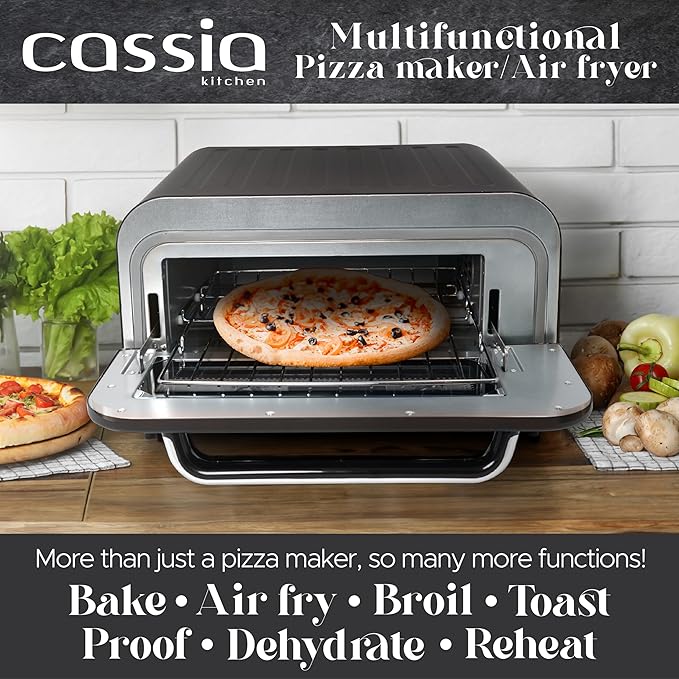 Cassia Countertop Electric Air Fryer Pizza Oven, 12" Capacity, 20L, 1800W, Heats up to 750°F, 16 Presets, Includes Pizza Stone, Peel, Fry Basket, Black