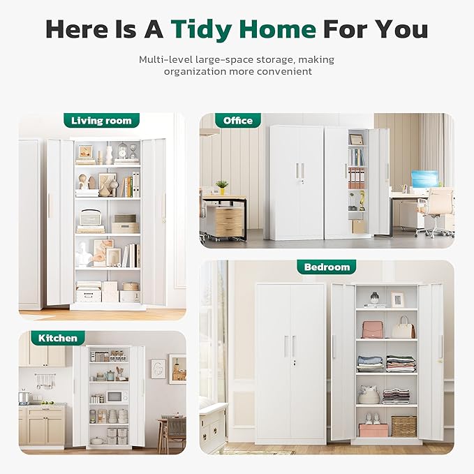Greenvelly Metal Storage Cabinet, 63" H Locking Metal Storage Cabinet with Doors and 4 Shelves, Lockable Steel Cabinets for Kitchen, Bedroom, Living Room, Office (White)