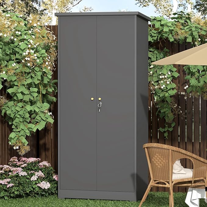 Outdoor Storage Cabinet,Garden Storage Cabinet with Sloping Roof and Waterproof Coating,Metal Storage Cabinets with Lockable Doors for Backyard,Lawn,Dark Gray