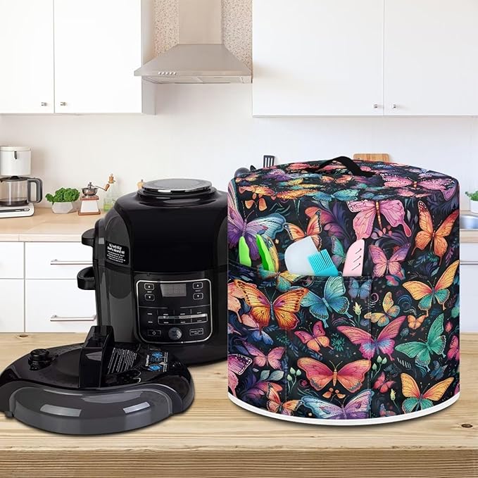 Flashideas Colorful Butterfly Pressure Cooker Cover for 8 Quart Instant Pot and Air Fryer Accessories, Stain Resistant Washable Round Protective Cover Electric Appliance Cover with Front Pocket