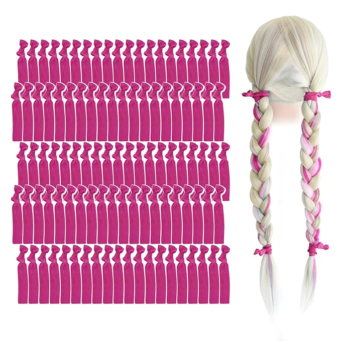 MEEDEE Fuchsia Pink Hair Ties for Women - No Crease, Soft Knotted Ribbon Ties for Damage-Free Ponytails, Yoga-Friendly Elastic Bracelets (Pack of 100)