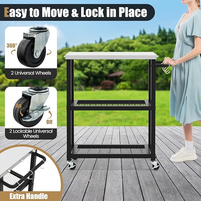 Giantex Outdoor Grill Cart - Movable Pizza Oven Stand with Stainless Steel Top, 2 Storage Shelves, 9 Hooks, Food Prep Cooking Table with Lockable Wheels, Dinning Serving Cart for Kitchen BBQ Party