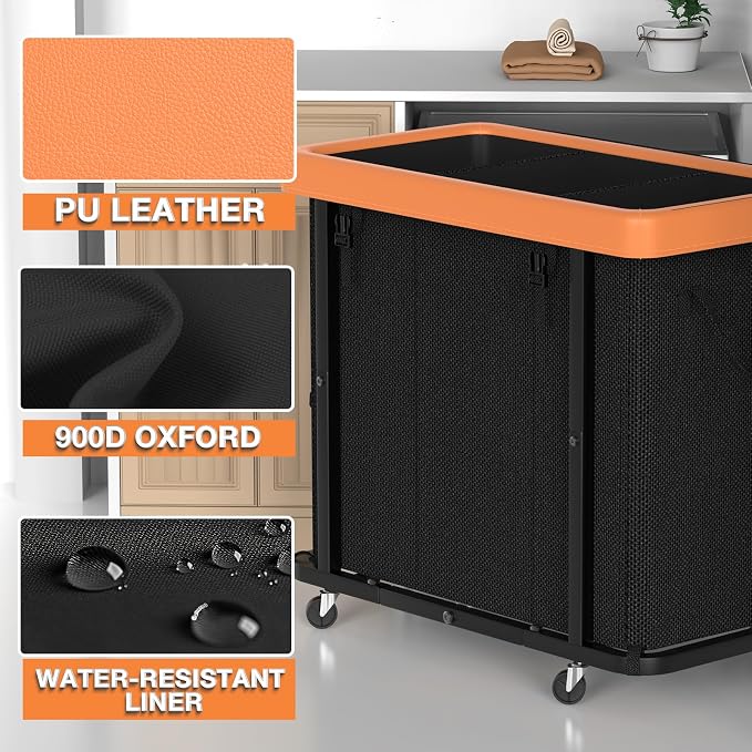 Laundry Basket with Wheels, 230L Leather Patchwork Laundry Sorter 3 Section - Image 2
