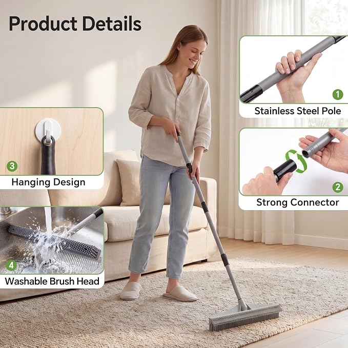 Walensee Carpet Brush for Pet Hair Removal, 2 in 1 Carpet Rake & Rubber Broom - Image 6