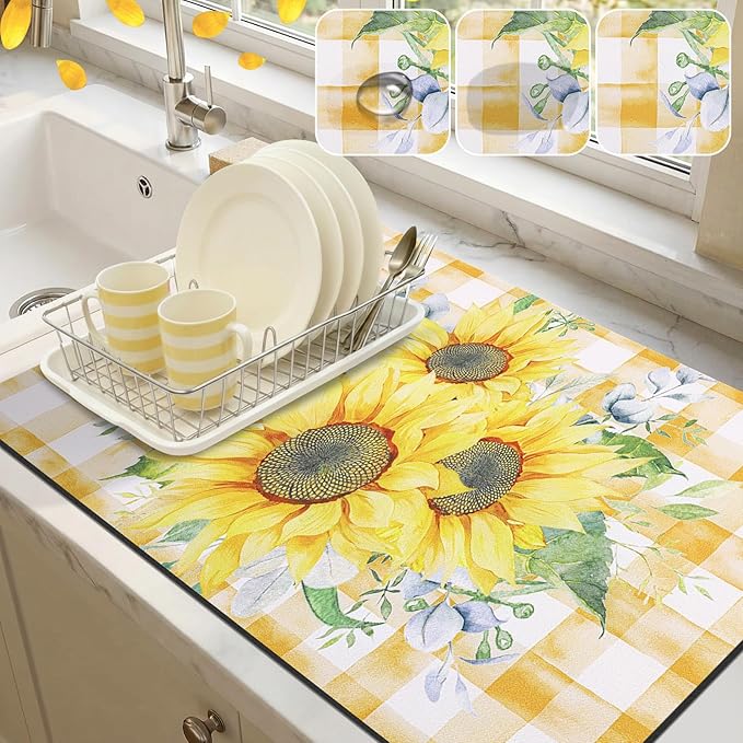 LOKHOM 18"x24" Dish Drying Mat，Sunflower Coffee Mat | Vintage Floral Prints by LOKHOM