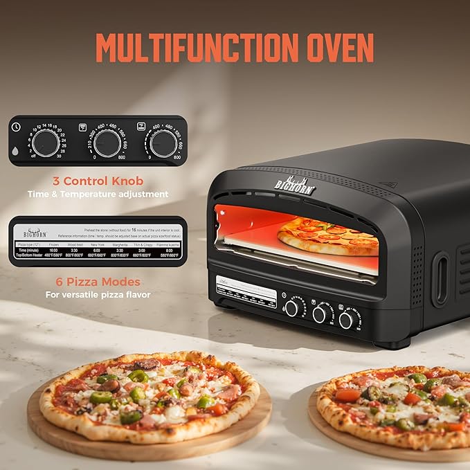 BIG HORN OUTDOORS Pizza Oven Indoor, 14" Electric Countertop Pizza Oven with 6 Modes, Heats up to 800°F Pizza Maker, Flip-Up Design Pizza Cooker for Home Kitchen, Restaurants, Parties