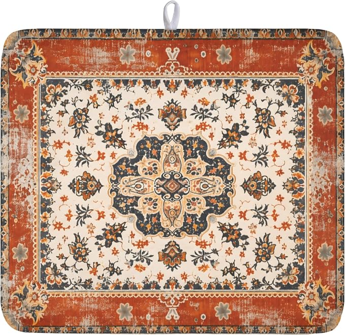 Giwawa Ethnic Boho Dish Drying Mat Rust Coral Floral Decorative Dishes Pad by Giwawa