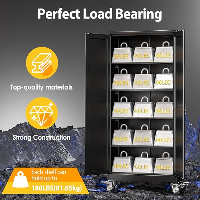 71''H Tall Metal Garage Storage Cabinet with Wheels,Steel File Cabinets with 2 Doors and 4 Adjustable Shelves for Home Office, Warehouse, Required Assembly,Black