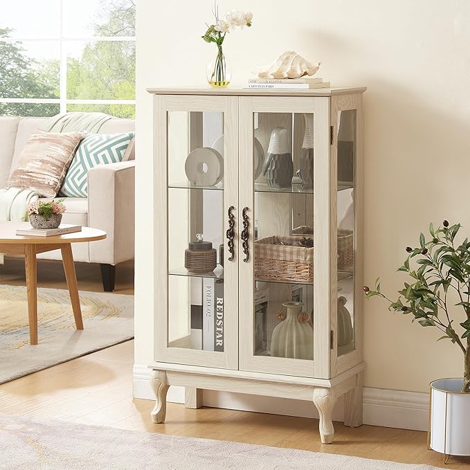 43" H Lighted Curio Cabinet Display Case, Glass Curio Cabinet with Adjustable Shelves & Tempered Glass Door, Wooden Cabinets with Mirrored Back Pane for Living Room (Antique White)