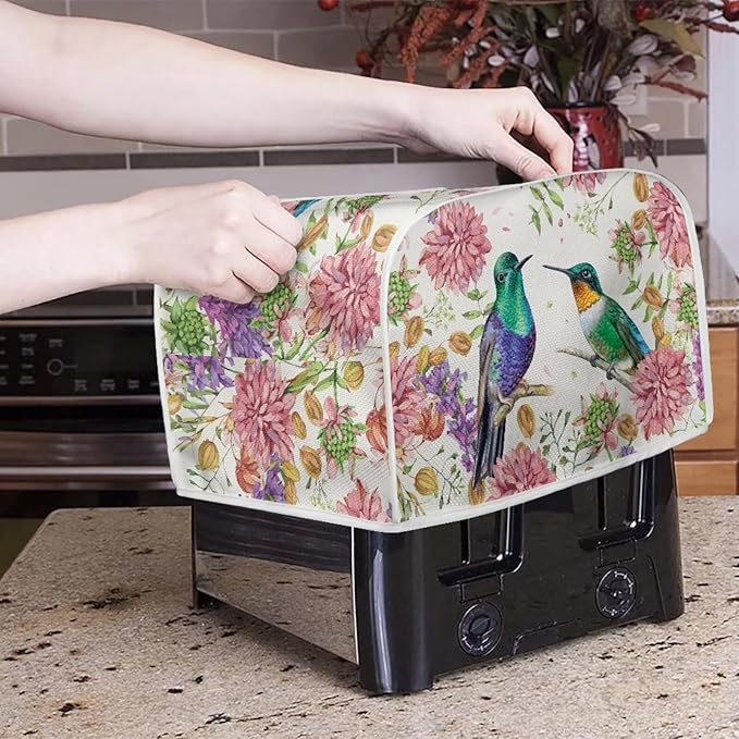 Hummingbird Floral Print Toaster 4 Slice Cover Fingerprint Protection Waterproof Toaster Dust Cover Kitchen Accessories Decor