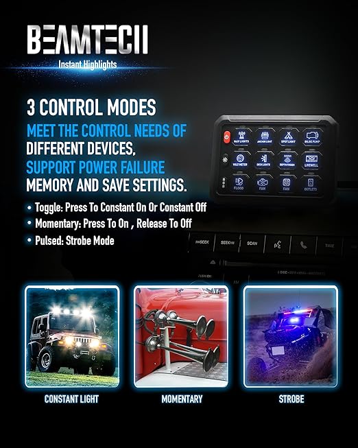 BEAMTECH 12 Gang Switch Panel, APP Remote Control RGB Toggle Momentary Pulsed Circuit Control Relay System Box Auxiliary Touch Control Switch LED Light Controller for Car Truck Van Off Road