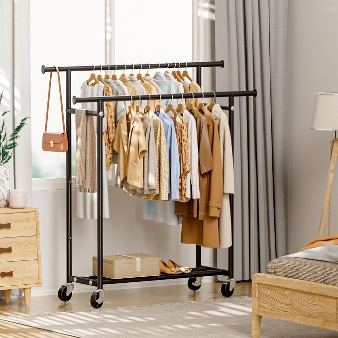 HYSEYY Clothes Rack, Double Rods Rolling Clothing Rack - Image 8