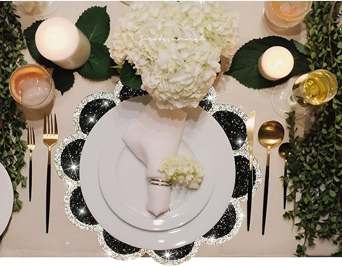 Washable Waterproof Diamond Circle Placemats for Round Tablescape Decor for Dinner and Kitchen Bling Placemats for Weddings & Special Events (Black)-6PCS