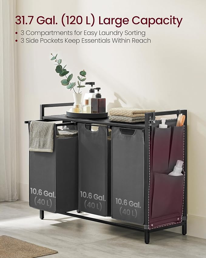 VASAGLE Laundry Hamper with Shelf, 3 Pull-Out Bags, 3 x 10.6 Gallons - Image 3