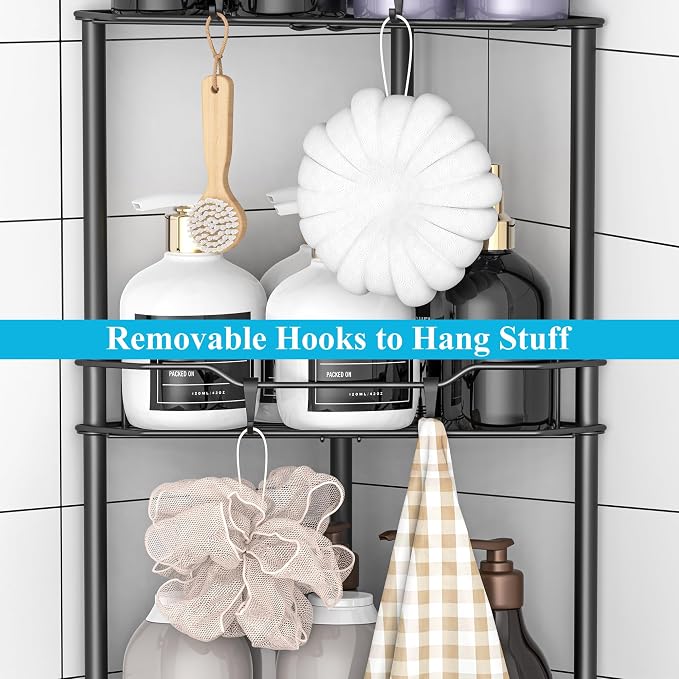 HuggieGems Metal Floor Standing Corner Shower Caddy, Matt Black, 4 Tier - Image 5