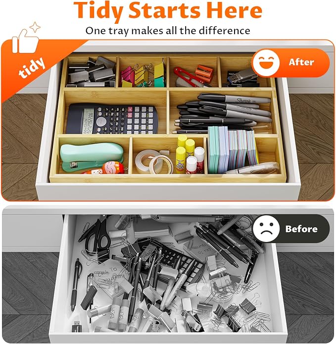 Bamboo Drawer Organizer with 9 Adjustable Compartments, Desk Storage Tray | - Image 6