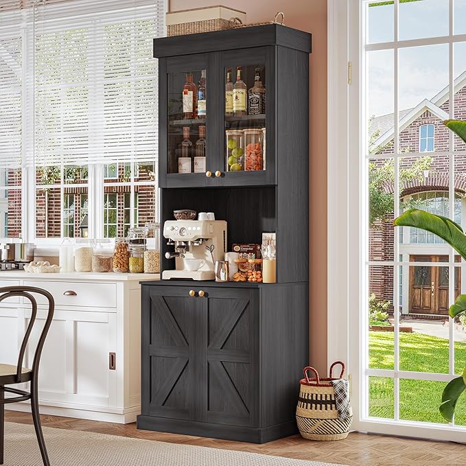 71" Tall Farmhouse Kitchen Pantry, Large Storage Cabinet with Glass Doors, Freestanding Coffee Bar Hutch with Microwave Stand, Adjustable Shelves for Kitchen, Living Room, Black 3 Pcs