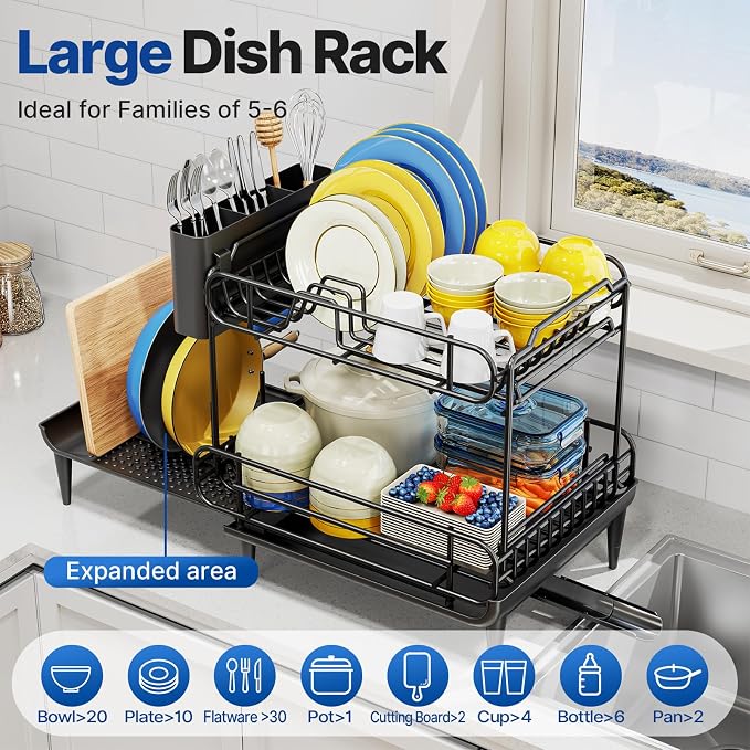 Urackify Dish Drying Rack for Kitchen Counter, Expandable 2 Tier Dish Rack - Image 6