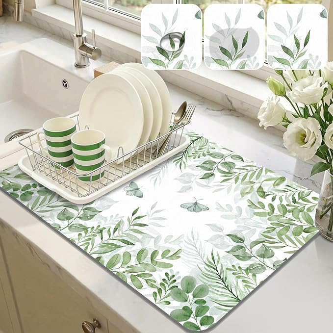 LOKHOM 12"x20" Dish Drying Mat， Green Plant Coffee Mat | Floral Butterfly Prints by LOKHOM