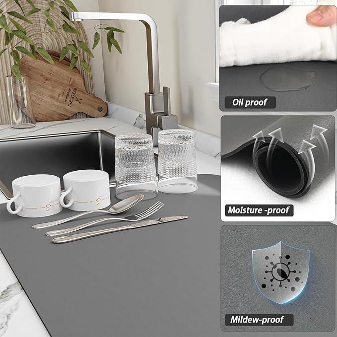 Dish Drying Mat for Kitchen Counter, Heat Resistant Drainer Mats with Non-slip Rubber Backed, Hide Stain Kitchen Super Absorbent Draining Mat, Easy to Clean Dish Rack Pad, Dark Grey 16"x18"