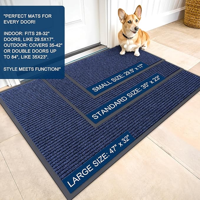 OLANLY Front Door Mat Indoor Outdoor Entrance, Waterproof Heavy Duty Doormat, Fade Resistant, Low Profile, Easy Clean Patio Porch Welcome Floor Mats for Entry, 35x30, Blue