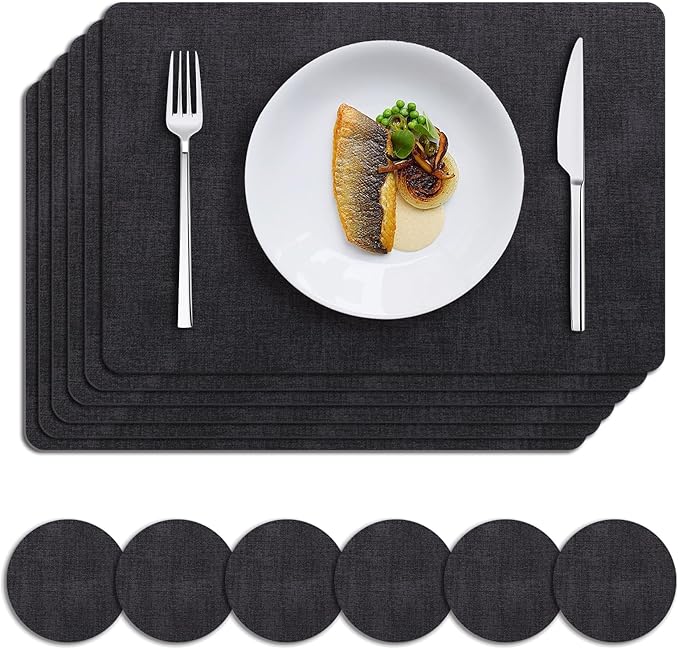 MOSAYT Faux Leather Placemats Set of 6, Heat Resistant Wipeable Washable Vinyl Place Mats with Coasters, Waterproof Oil Proof Table Mats for Kitchen Dining Party Indoor Outdoor, 12" x 18", Black