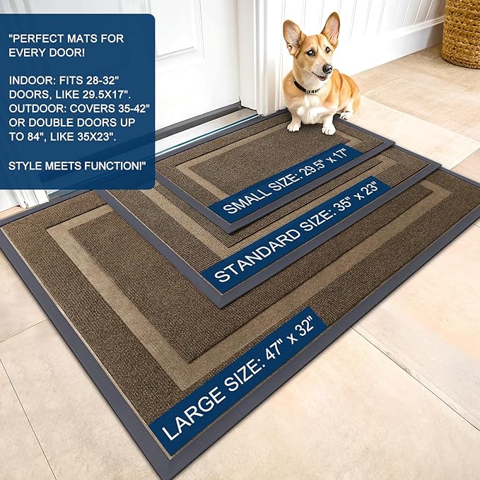 OLANLY Front Door Mat Indoor Outdoor Entrance, Waterproof All-Season, All-Weather Doormat, Sturdy Natural Rubber, Fade Resistant, Low Profile, Easy Clean Patio Porch Entryway Mat, 47x23, Brown