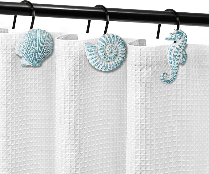 Sunlit Seashells Decorative Shower Curtain Hooks, Aqua Blue Ocean Creatures - Image 4