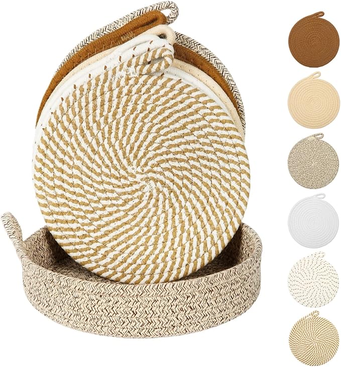 Hot Pads for Quartz Countertops with Storage Basket | 6-Pack 8-Inch Cotton Trivets for Hot Dishes & Pots | Machine Washable Farmhouse Kitchen Decor