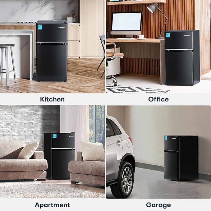 Upstreman 3.1 Cu.Ft Mini Fridge with Freezer, Double Door Small Fridge, Dorm Essentials, Adjustable Thermostat, Energy Saving, Mini Refrigerator for Office, Dorm, Bedroom, Black