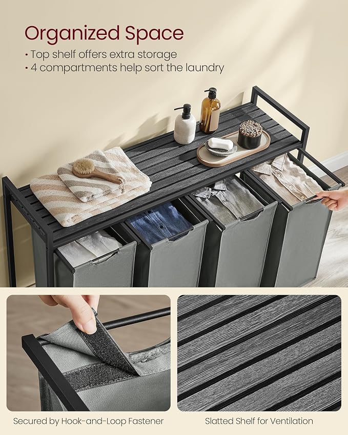 VASAGLE Laundry Hamper with Shelf, 4 Pull-Out Bags, 4 x 10.6 Gallons - Image 3
