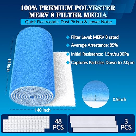 MERV 8 Air Vent Filters, 14" x 140"Cut to Fit Air Filter Material (80+ Filters),Electrostatic Triple Vent Filter for Floor, Ceiling, HVAC & RV Vents, Includes 48 Adhesive Hook Tape