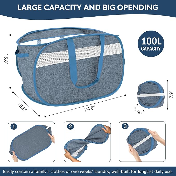 100L Collapsible Laundry Baskets, Foldable Dual Handles Laundry Hamper Blue | - Image 3